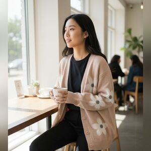 Aaeda Tan Floral Button-Front Cardigan Sweater | Cozy Soft Knit Layering Piece L